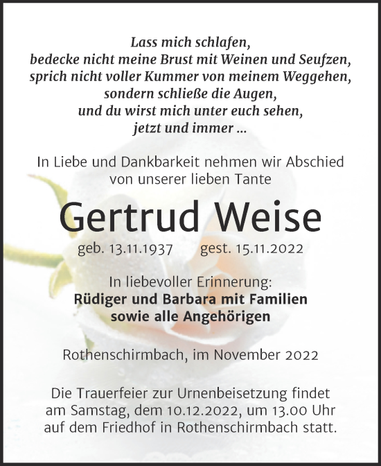 Traueranzeige von Gertrud Weise von Trauerkombi Mansfelder Land