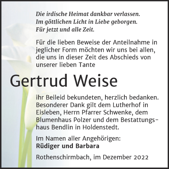 Traueranzeige von Gertrud Weise von Trauerkombi Mansfelder Land