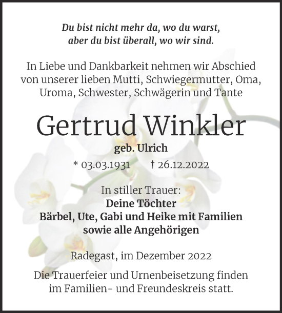 Traueranzeige von Gertrud Winkler von Trauerkombi Köthen