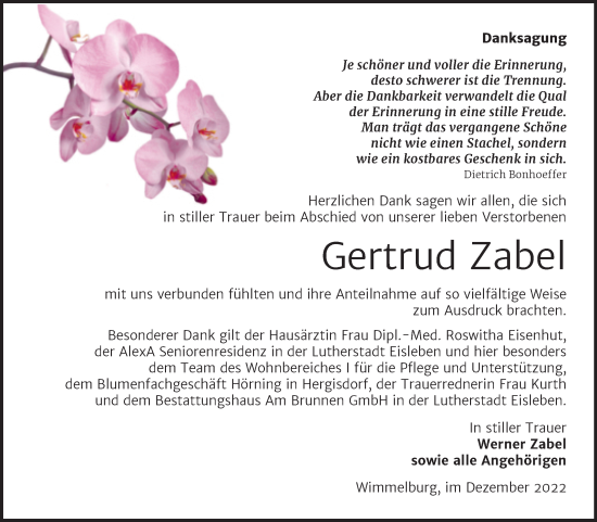 Traueranzeige von Gertrud Zabel von Trauerkombi Mansfelder Land