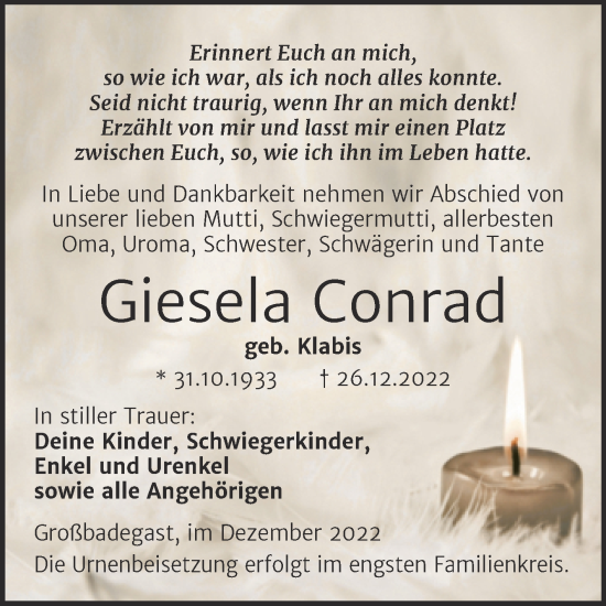 Traueranzeige von Giesela Conrad von Trauerkombi Köthen