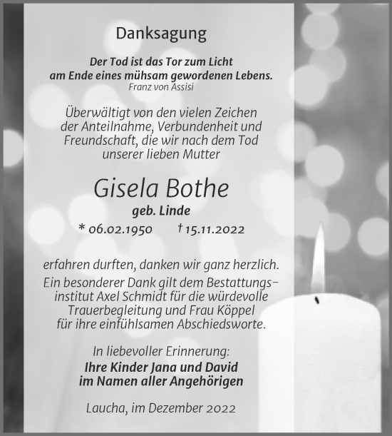 Traueranzeige von Gisela Bothe von Wochenspiegel Naumburg/Nebra