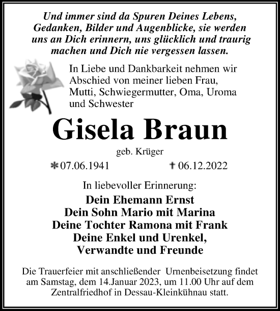 Traueranzeige von Gisela Braun von Trauerkombi Dessau