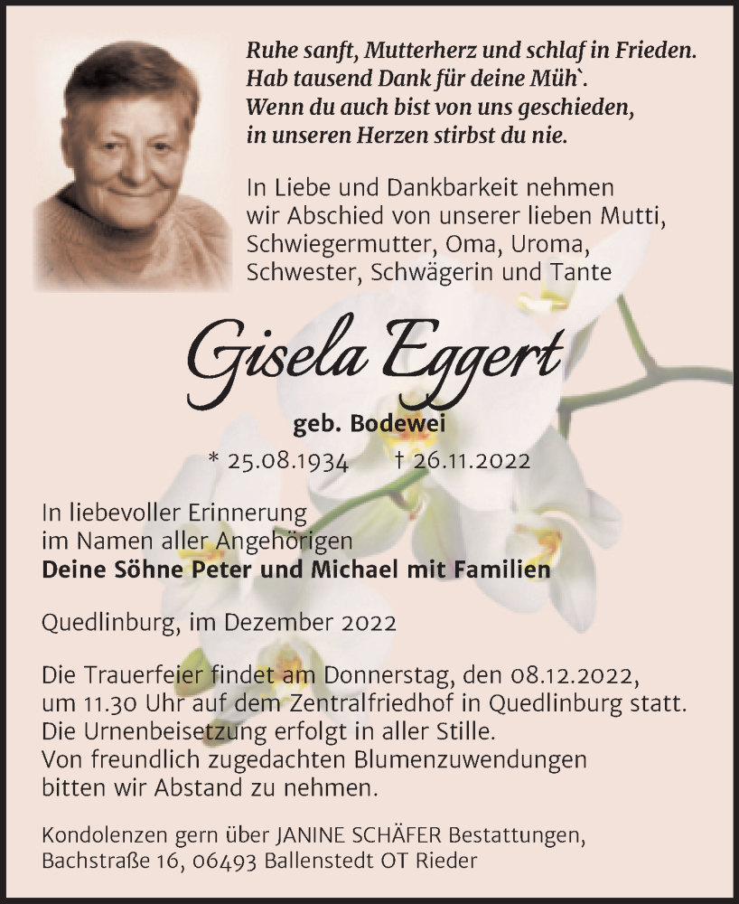  Traueranzeige für Gisela Eggert vom 02.12.2022 aus Trauerkombi Quedlinburg