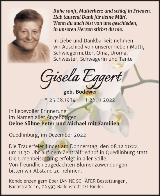 Traueranzeige von Gisela Eggert von Trauerkombi Quedlinburg