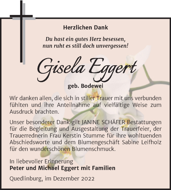 Traueranzeige von Gisela Eggert von Trauerkombi Quedlinburg