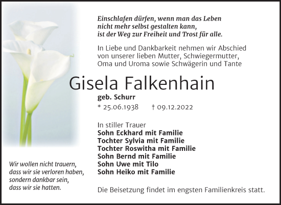 Traueranzeige von Gisela Falkenhain von Trauerkombi Bitterfeld