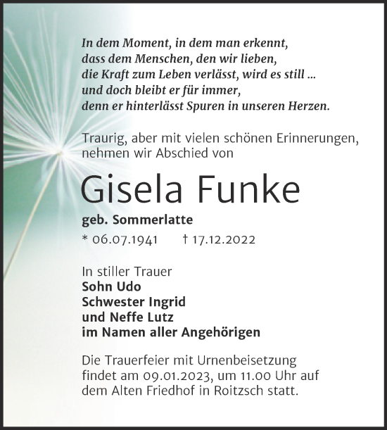 Traueranzeige von Gisela Funke von Trauerkombi Bitterfeld