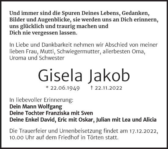 Traueranzeige von Gisela Jakob von Trauerkombi Dessau