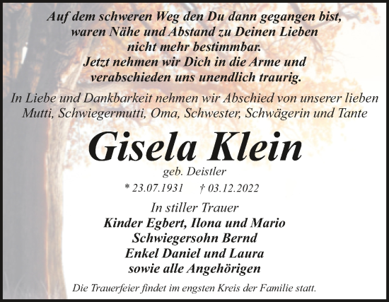 Traueranzeige von Gisela Klein von Trauerkombi Dessau