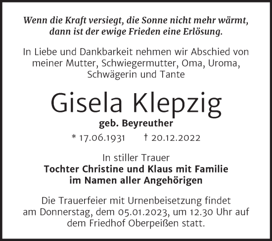 Traueranzeige von Gisela Klepzig von Trauerkombi Bernburg