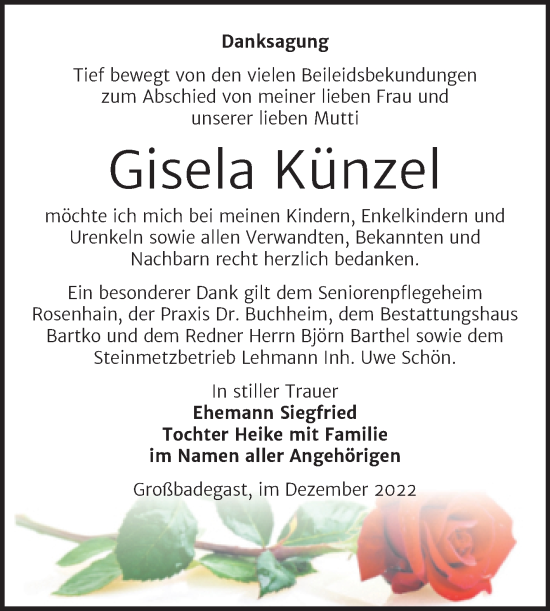 Traueranzeige von Gisela Künzel von Trauerkombi Köthen