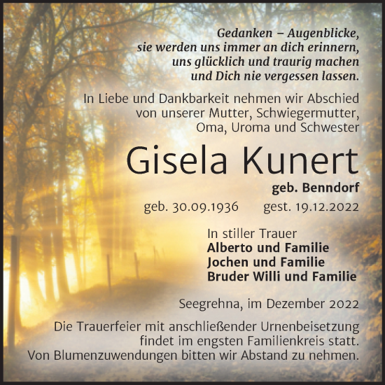 Traueranzeige von Gisela Kunert von Trauerkombi Wittenberg