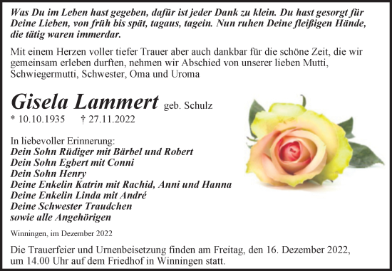 Traueranzeige von Gisela Lammert von Trauerkombi Aschersleben