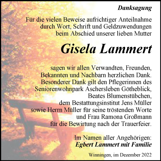 Traueranzeige von Gisela Lammert von Trauerkombi Aschersleben