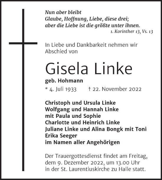 Traueranzeige von Gisela Linke von Mitteldeutsche Zeitung Halle/Saalkreis