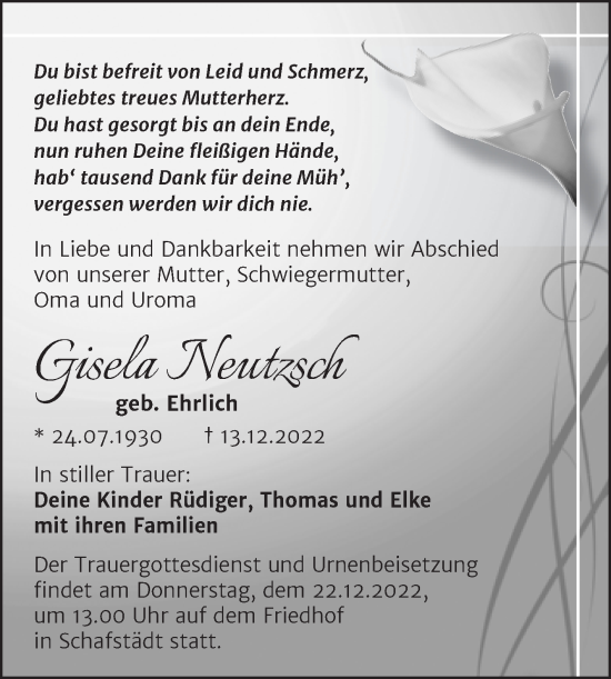 Traueranzeige von Gisela Neutzsch von Trauerkombi Merseburg