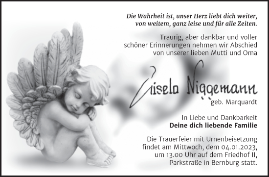 Traueranzeige von Gisela Niggemann von Trauerkombi Bernburg