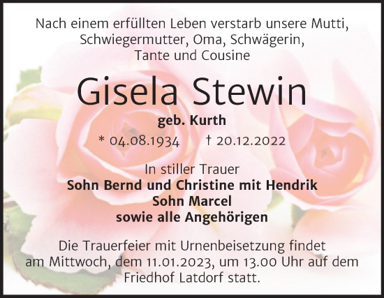 Traueranzeige von Gisela Stewin von Trauerkombi Bernburg