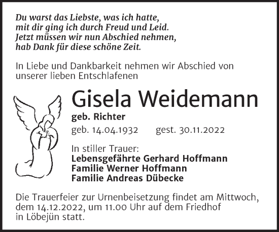 Traueranzeige von Gisela Weidemann von Mitteldeutsche Zeitung Halle/Saalkreis