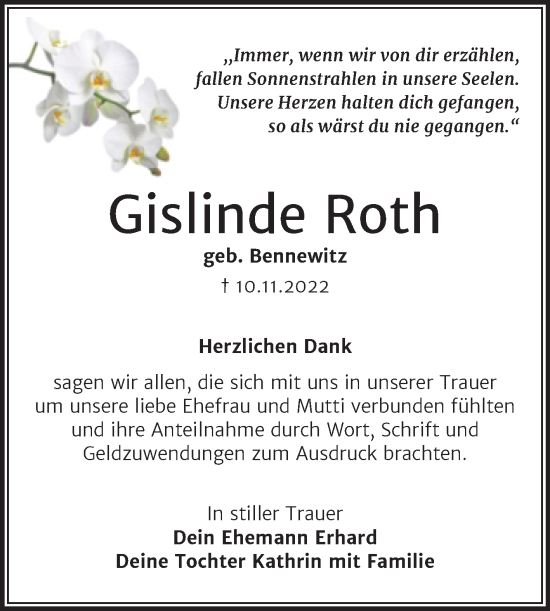 Traueranzeige von Gislinde Roth von Trauerkombi Weißenfels