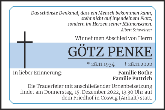 Traueranzeige von Götz Penke von Trauerkombi Wittenberg