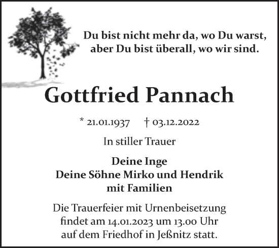 Traueranzeige von Gottfried Pannach von Trauerkombi Bitterfeld