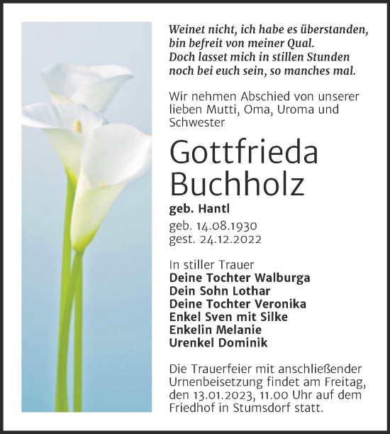 Traueranzeige von Gottfrieda Buchholz von Trauerkombi Bitterfeld