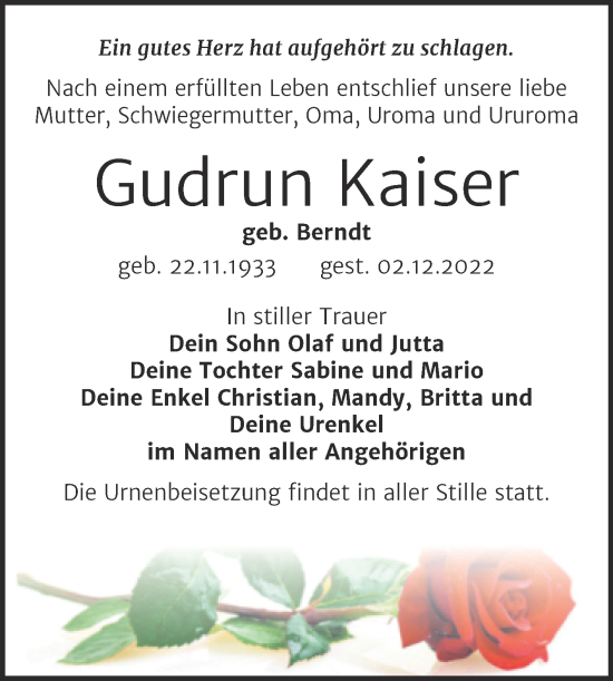 Traueranzeige von Gudrun Kaiser von Trauerkombi Wittenberg