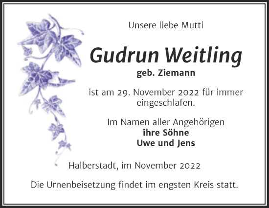 Traueranzeige von Gudrun Weitling von Mitteldeutsche Zeitung Quedlingburg