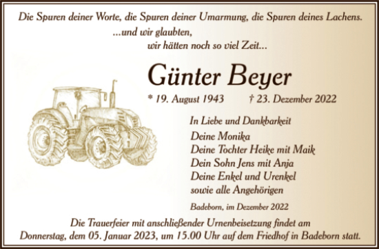 Traueranzeige von Günter Beyer von Trauerkombi Quedlinburg