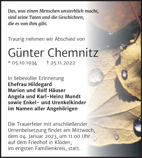 Traueranzeige von Günter Chemnitz von Trauerkombi Wittenberg