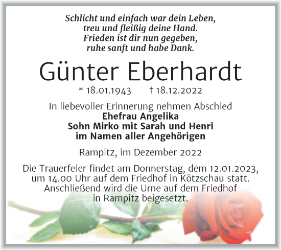 Traueranzeige von Günter Eberhardt von Trauerkombi Merseburg