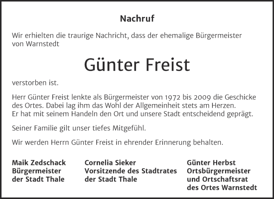 Traueranzeige von Günter Freist von Mitteldeutsche Zeitung Quedlingburg