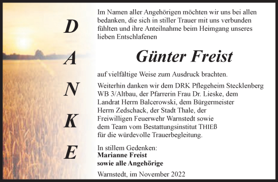 Traueranzeige von Günter Freist von Trauerkombi Quedlinburg