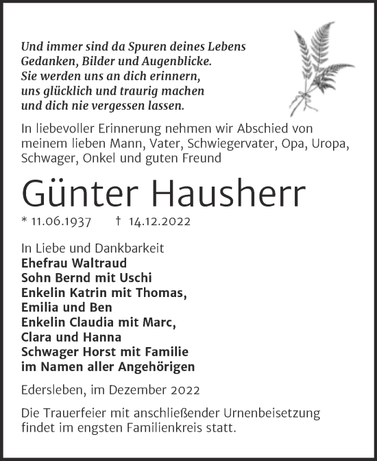 Traueranzeige von Günter Hausherr von Trauerkombi Sangerhausen