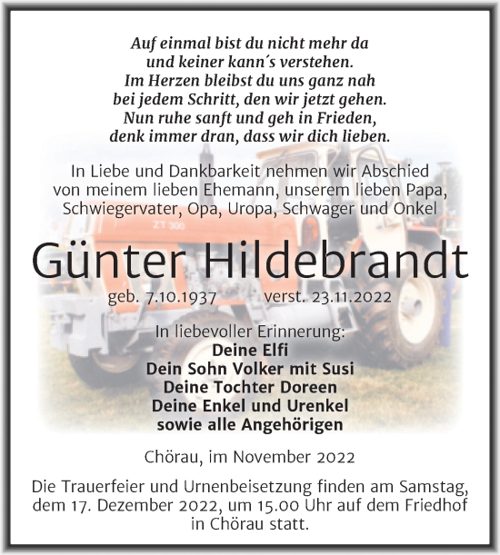 Traueranzeige von Günter Hildebrandt von Trauerkombi Köthen