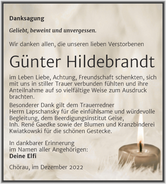 Traueranzeige von Günter Hildebrandt von Trauerkombi Köthen