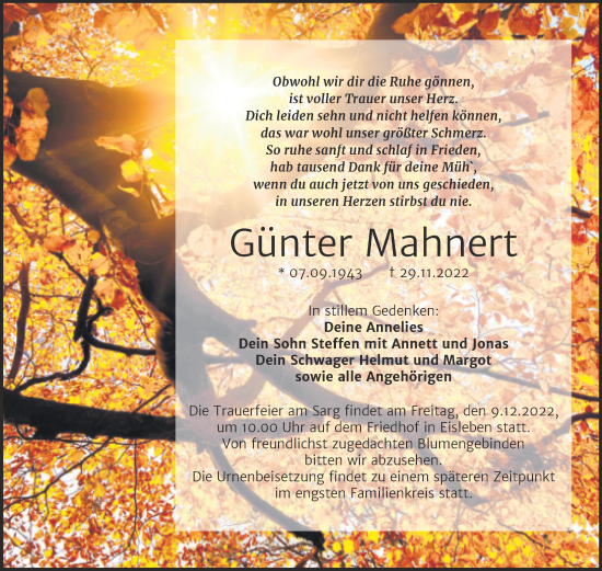 Traueranzeige von Günter Mahnert von Trauerkombi Mansfelder Land