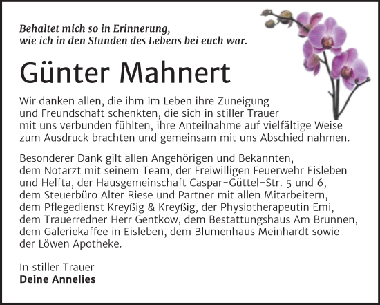 Traueranzeige von Günter Mahnert von Trauerkombi Mansfelder Land