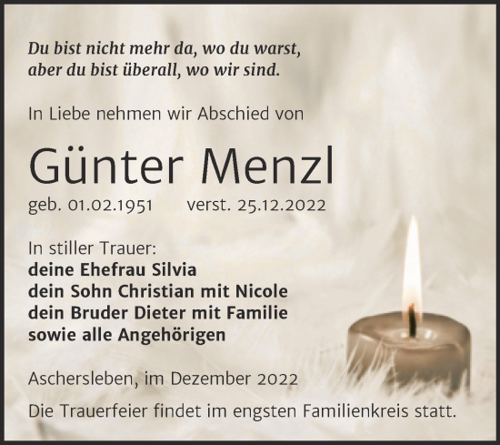 Traueranzeige von Günter Menzl von Trauerkombi Aschersleben