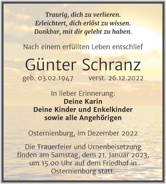 Traueranzeige von Günter Schranz von Trauerkombi Köthen