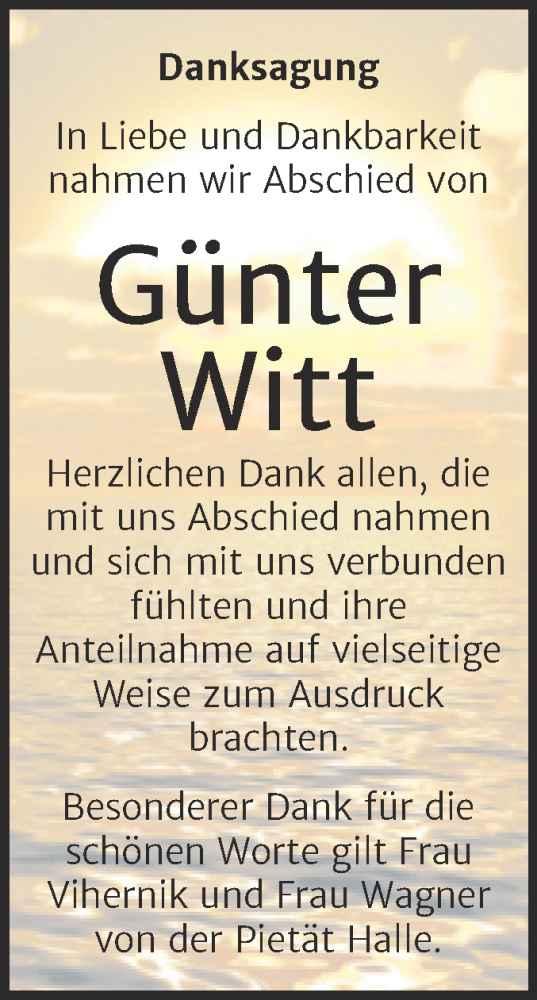 Traueranzeige von Günter Witt von Mitteldeutsche Zeitung Halle/Saalkreis