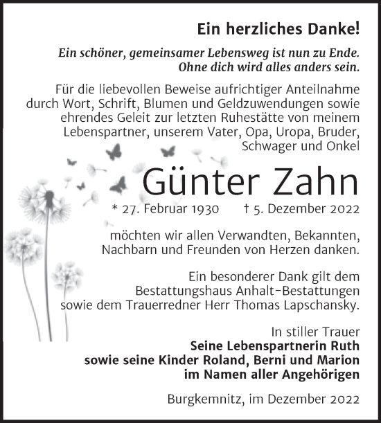 Traueranzeige von Günter Zahn von Trauerkombi Bitterfeld