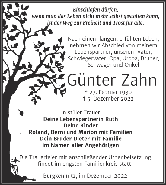 Traueranzeige von Günter Zahn von Trauerkombi Bitterfeld