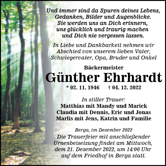 Traueranzeige von Günther Ehrhardt von Trauerkombi Sangerhausen