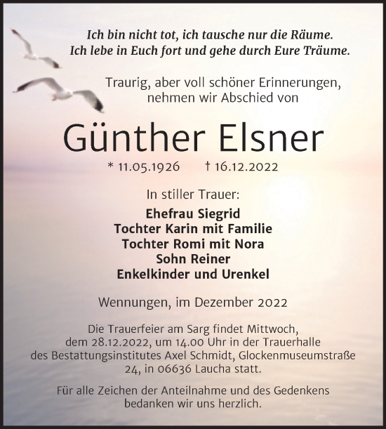 Traueranzeige von Günther Elsner von Naumburger Tageblatt