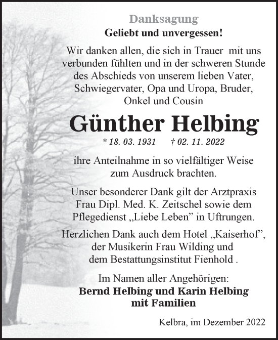 Traueranzeige von Günther Helbing von Wochenspiegel Sangerhausen
