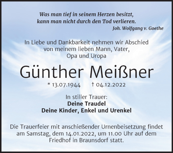 Traueranzeige von Günther Meißner von Trauerkombi Wittenberg