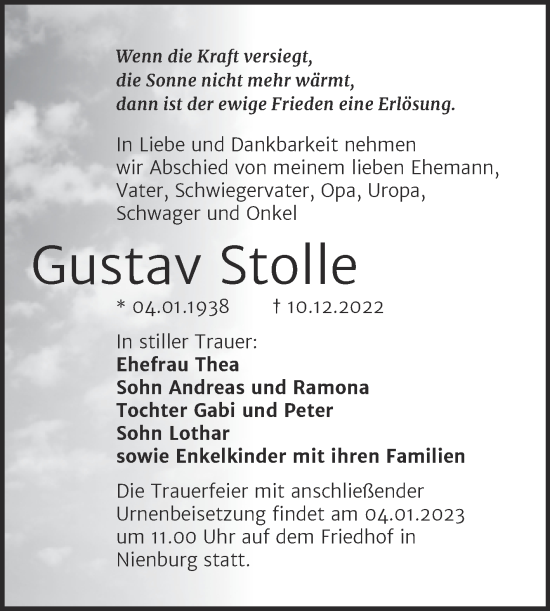 Traueranzeige von Gustav Stolle von Trauerkombi Bernburg